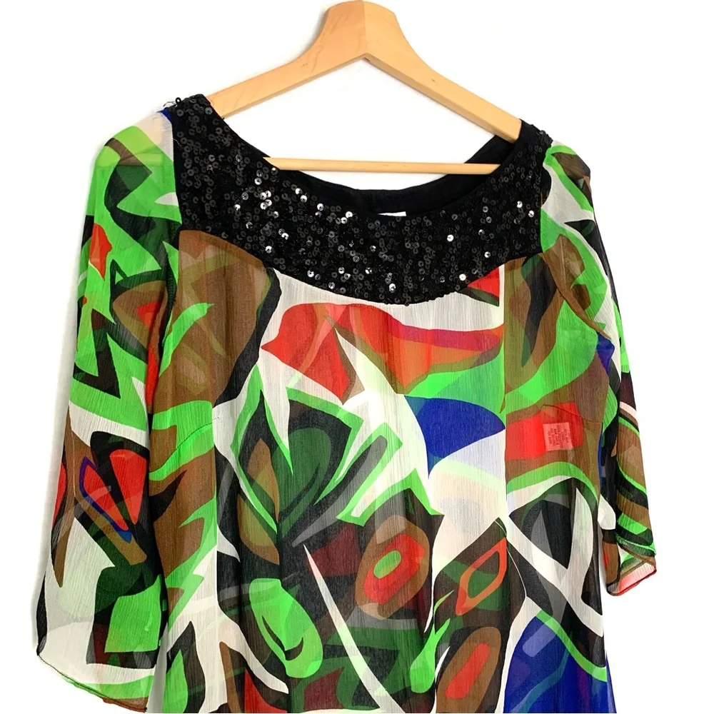 Cache Vintage Sequin Geometric Printed Sheer Silk Dress Size Small